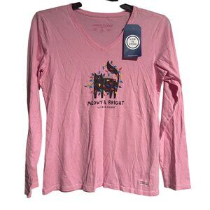 Life Is Good Meowy & Bright Cat Long Sleeve Womens Shirt Size Small Pink V-Neck